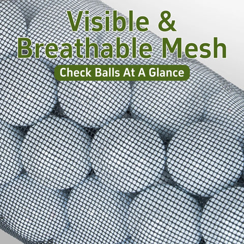 Visible mesh showing golf balls inside Large Capacity Golf Shag Bag With Detachable Aluminum Tube Ball Retriever Holds Up To 90 Balls