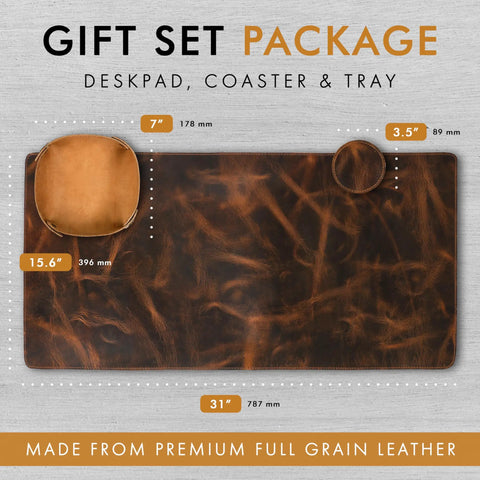 Premium Full Grain Leather Desk Pad 2mm Thick Desk Mat And Blotter For Keyboard And Gamer Mouse with accessories.