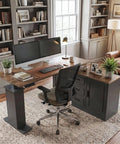 Cool L Shaped Electric Standing Desk With Brown And Black Finish, 55 Inch Big Top, Right Side Cabinet Return, Three Drawers For Storage, Height Adjustable Motorized Table For Home Office Setup in stylish workspace.