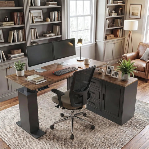 Cool L Shaped Electric Standing Desk With Brown And Black Finish, 55 Inch Big Top, Right Side Cabinet Return, Three Drawers For Storage, Height Adjustable Motorized Table For Home Office Setup in stylish workspace.