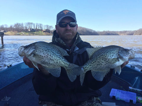 Angler holding two crappie fish on a boat with a lake and shoreline in the background.