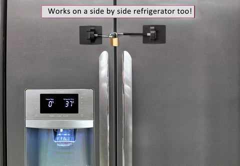 Two Pack Refrigerator Lock With Keyed Padlock, Black Finish, on silver side-by-side fridge with no drilling needed