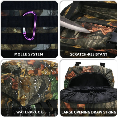 70L Tactical Camping Backpack For Outdoor Adventures showing MOLLE system, scratch-resistant fabric, waterproof feature, drawstring opening