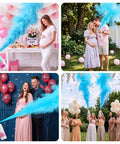 Epic Giant Gender Reveal Fire Extinguisher Pack With Blue Smoke Bombs used at baby shower parties with joyful couples and guests.