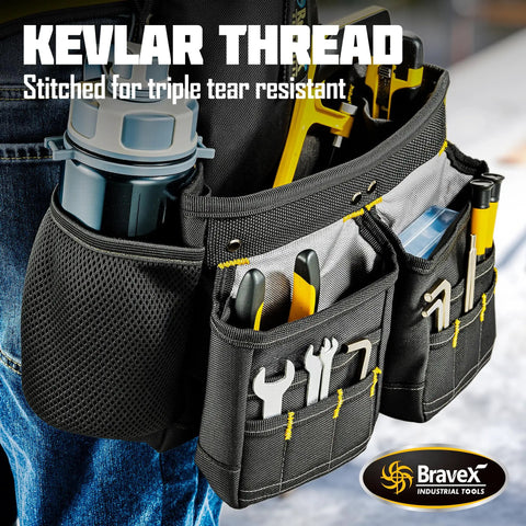 Built Tough Tool Belt Set With Suspenders And Pro Vest Ultra 20 Pouches H Style Apron Pouch For Framers Carpenters Electricians 1200D Ballistic Nylon 800D Oxford Cloth with tools and Kevlar thread stitching.