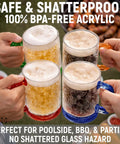 Grab This Pack Of Four 16 Oz Freezer Beer Mugs With Bright Color Coded Handles Shatter Resistant Acrylic Frosty Insulated Barware For Poolside Chilling Backyard Cookouts And Game Day Vibes in use outdoors.
