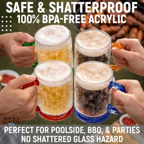 Grab This Pack Of Four 16 Oz Freezer Beer Mugs With Bright Color Coded Handles Shatter Resistant Acrylic Frosty Insulated Barware For Poolside Chilling Backyard Cookouts And Game Day Vibes in use outdoors.