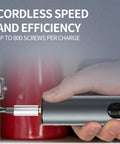 No Sweat Cordless Stick Electric Screwdriver Kit With Wireless Charging Stand and Rock Solid Magnetic Bits For Precision Phone Computer Watch Repair And Easy Home Fixes In Grey, demonstrating cordless efficiency in action.