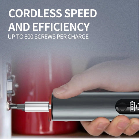 No Sweat Cordless Stick Electric Screwdriver Kit With Wireless Charging Stand and Rock Solid Magnetic Bits For Precision Phone Computer Watch Repair And Easy Home Fixes In Grey, demonstrating cordless efficiency in action.