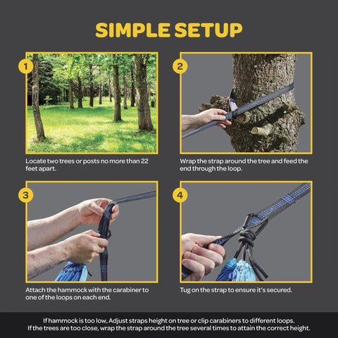 Instructions for setting up Heavy Duty Nylon Camping Hammock Chair With 500 Lb Capacity, showing tree straps and attachment.
