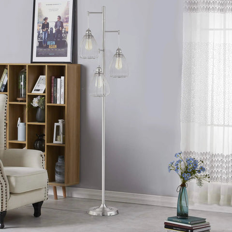 Industrial Rustic Floor Lamp With Three Teardrop Cage Shades Tall Modern Standing Light For Living Room And Home Office Minimalist Chrome Pole Lamp With Edison Style Bulbs Included