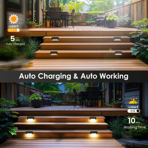 16 Pack Solar Deck Lights And Outdoor Step Lamps Waterproof Led Stair Lanterns For Fence Patio Railing With Cozy Warm Glow Finish on wooden steps, illuminated.