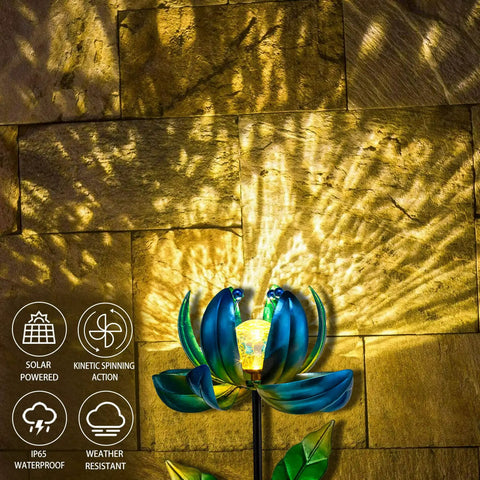 Solar Powered Garden Wind Spinner Light With Blue Lotus Crackle Glass Globe Waterproof LED Outdoor Decor Stake for lawn