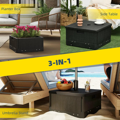 2 In 1 Outdoor Umbrella Base Planter Box With Drain Hole Heavy Duty Fillable Stand Table On Wheels For Deck Poolside 175 Lbs Capacity With Wood Like Top Texture Black showcasing planter, side table, and umbrella stand uses