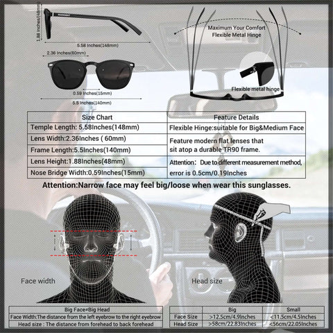 Driving HD Polarized Sunglasses For Men And Women Full Frame Black Shades With UV400 Protection Ultra Lightweight Alloy Temples Glare Reducing For Travel Outdoors And Everyday Use shown with size chart and dimensions.