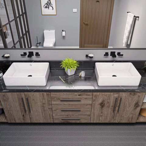 Double vanity with 20 Inch Rectangular Ceramic Above Mount Bathroom Sink White, Sleek Modern Porcelain Basin With Rear Center Drain And Chrome Overflow