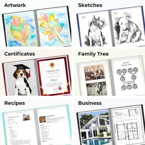 Meeting Ready 24-Pocket Presentation Binder For 8.5x11 Documents, showcasing artwork, sketches, certificates, family tree, recipes, and business documents in sleeves.