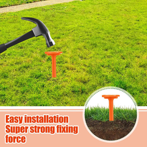 20 Pack 5 Inch Low Profile Survey Markers High Visibility Orange Yard Stakes installed in lawn for easy installation
