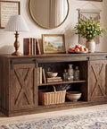 Hella Sturdy Farmhouse TV Stand For 65 Inch TV With Plenty Of Storage Space And Rustic Brown Finish, featuring open shelving and decorative items.