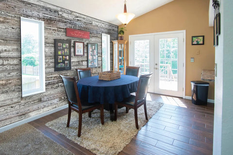 Dining room with Smart Thermally Modified Barn Wood Wall Planks Nail In 5 W X 24 L 10 Sq Ft Pack Of 12 on walls