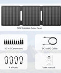Compact 30W Foldable Solar Panel Charger With DC USB C USB A Outputs Waterproof And High Efficiency Portable Power Kit
