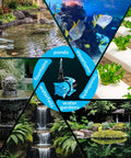 2700GPH Submersible Pond Pump for ponds, fountains, waterfalls, hydroponics with various water feature images and product diagram