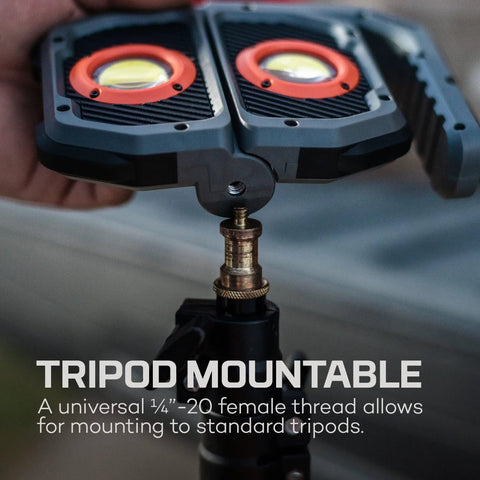 Omni 3K Rechargeable Work Light With 3000 Lumens on tripod mount, showing magnetic handles and COB panels in close-up view.