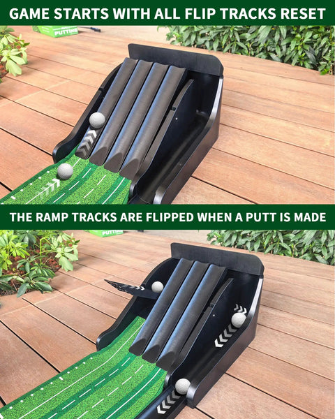Indoor Putting Green Mat For Home Office Backyard Practice With Uphill Putts And Auto Ball Return showing ramp tracks and ball return