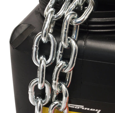 1/4 Inch Grade 30 Proof Coil Chain 141 Feet Zinc Plated Steel Rope attached to a black container for heavy-duty outdoor use.