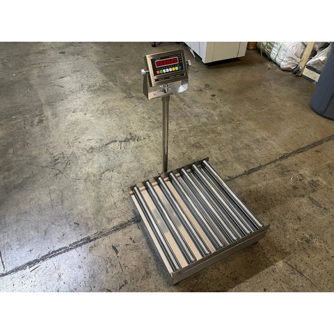 Heavy Duty Roller Top Bench Scale 18 X 18 Inches 500 Lb Capacity NTEP Legal For Trade with digital display and rollers.