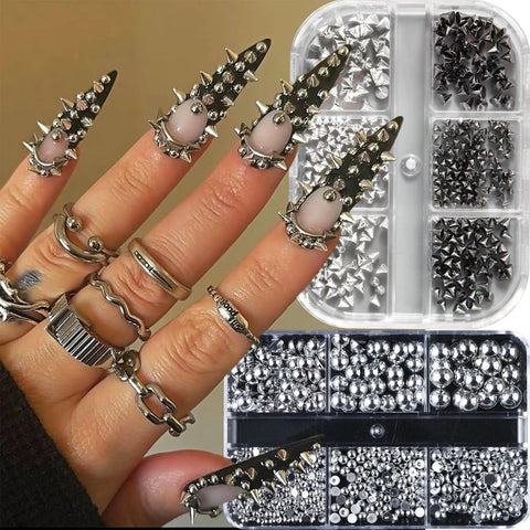 Dope Mini Metal Punk Nail Art Studs Set In Gold And Black, Mixed Sizes With Tweezers And Steel Ball Charms, Diy Nail Jewelry Kit, 6 Grid Organizer For Quick, Precise, Edgy Manis. Mixed metal studs in organizer on spiked nail design