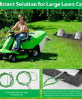 Man using a green lawn mower in a large garden with text promoting efficient large lawn care solutions.