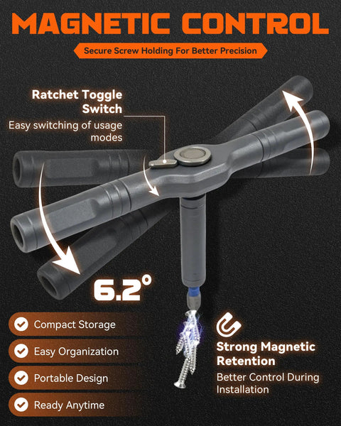 All In One Magnetic Ratchet Screwdriver Set With 42 In 1 Bits, showing ratchet toggle and magnetic control