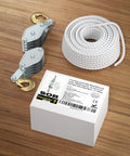 Heavy Duty Block And Tackle Pulley System for lifting with 4000 lb breaking strength, 65 ft rope on wooden surface