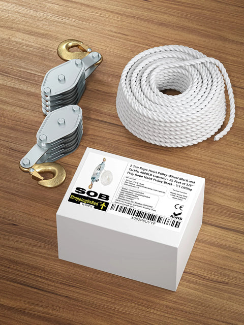 Heavy Duty Block And Tackle Pulley System for lifting with 4000 lb breaking strength, 65 ft rope on wooden surface