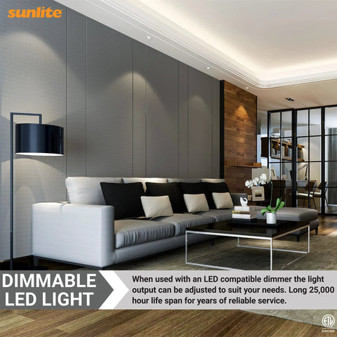 Modern living room with dimmable LED lighting, showcasing LED PAR16 Dimmable Short Neck Recessed Spotlight Bulb 7W 50W Halogen Replacement, 500 Lumens, E26 Base, ETL Listed, 6 Pack, 4000K Cool White, No Hassle Install, Energy Saving Spotlight Upgrade