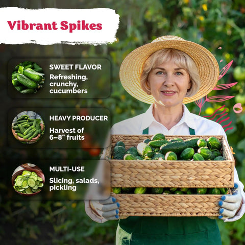Woman in garden holding basket of cucumbers, promoting Muncher Burpless Seedless Cucumber Seeds For Home Garden And Containers Organic Non GMO Heirloom Cucumbers With Sweet Crunch 6 To 8 Inch Fruits Fast Germination In Warm Weather Ideal For Outdoor Planting.