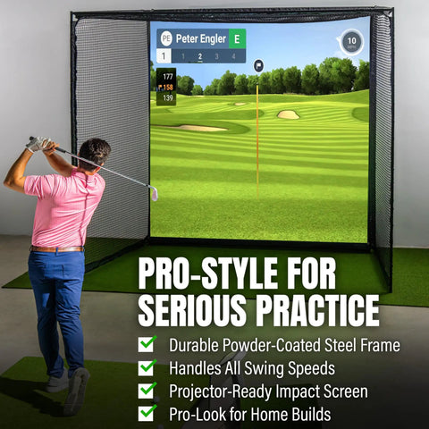 Golfer using Range Cage Elite Golf Hitting Net 8 x 8 Ft Pro Grade Simulator Enclosure with impact screen in indoor setting.