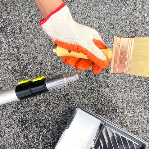 3 Inch Deck Stain Brush 2 Pack for Staining Wood Walls and Fences with threaded handle being attached to extension pole