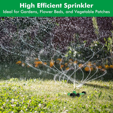 2 Pack 3 Arm Metal Lawn Sprinklers With Rolling Wheel Base for even watering of gardens and lawns, 360 degree coverage visible.