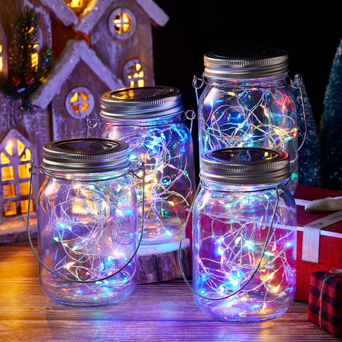 Solar Mason Jar Lantern Lights With Jar Lid 30 LED Fairy String Lights On 9.84 Ft Copper Wire 20 Hangers Waterproof Outdoor Lantern Set