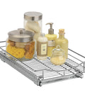 Knockout Kitchen Pull Out Cabinet Organizer With Heavy Duty Commercial Glide System, chromed wire with jars and bottles.