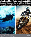 Hero11 Black Waterproof Action Camera With 5.3K60 Ultra HD Video And 27MP Photos Featuring Rock Steady Stabilization And Live Streaming Webcam Mode To Crush Every Shot During Any Outdoor Adventure, scuba diving and motocross scenes.