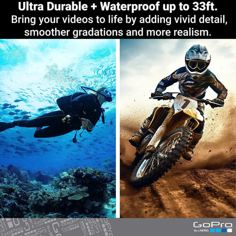 Hero11 Black Waterproof Action Camera With 5.3K60 Ultra HD Video And 27MP Photos Featuring Rock Steady Stabilization And Live Streaming Webcam Mode To Crush Every Shot During Any Outdoor Adventure, scuba diving and motocross scenes.