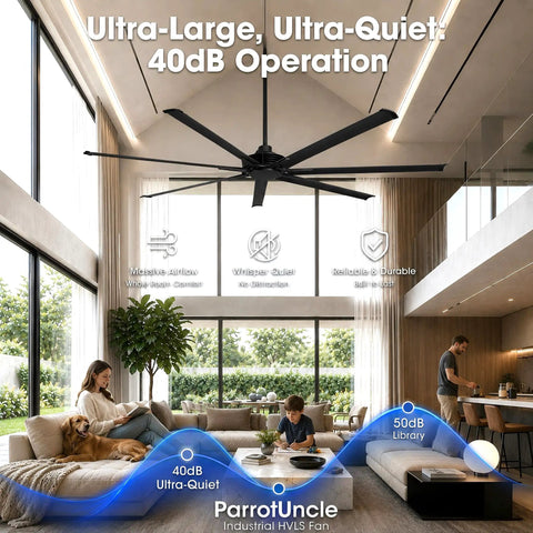 100 Inch Black Industrial Ceiling Fan No Light With Remote Control, Reversible 7 Aluminum Blades, DC Motor in modern living room
