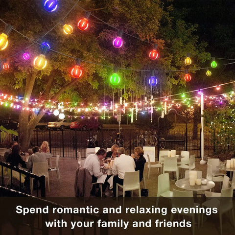 Outdoor dining area decorated with 200Ft Outdoor String Lights With 104 G40 LED Bulbs Shatterproof Waterproof And UL Listed Connectable Patio Lights