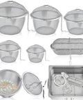 Heavy Lifting 304 Stainless Steel Ultrasonic Cleaner Basket Kit Packs Six Slick Mesh Trays with Tight Latch Hooks displayed in various sizes.