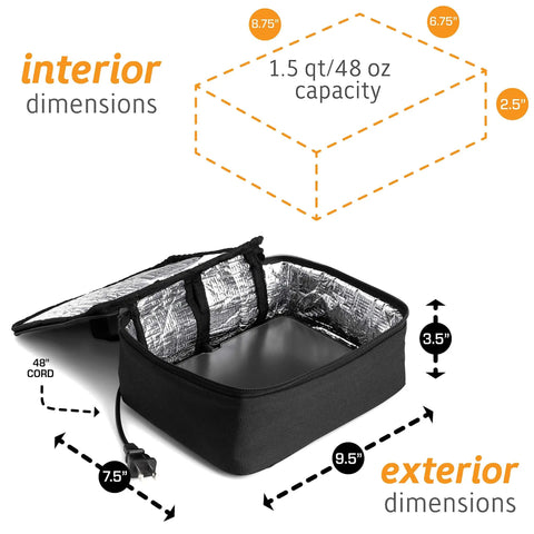 Compact Portable Electric Lunch Warmer For Work Office And Construction Sites Grab And Go Reheat Cook And Eat 120V Black Travel Friendly Design, dimensions shown.