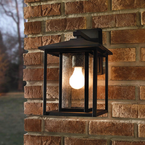 Hunnington One Outdoor Wall Lantern Light Fixture In Black, 1 Light, aluminum, mounted on brick wall, modern exterior design