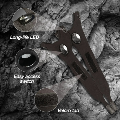 Handsfree LED Flashlight Gloves For Dads And DIYers A Versatile Tool For Fishing Camping Car Work And Home Improvement shown with LED, switch, and Velcro details